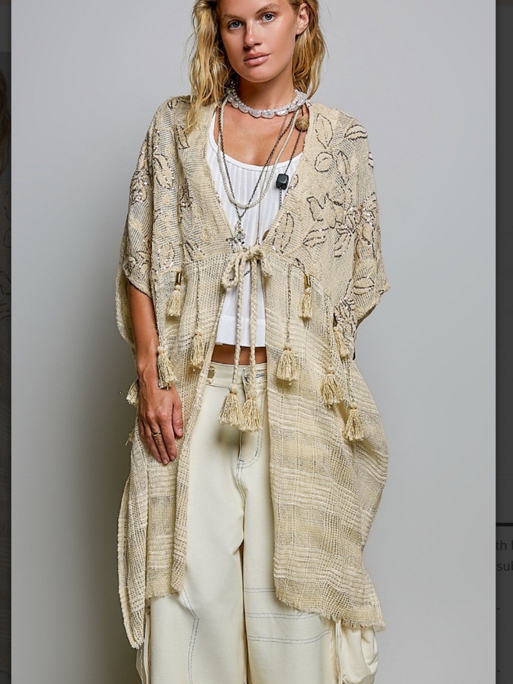 POL Beige Embroidered Button-Down Tassel Kimono